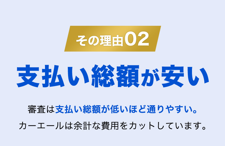 その理由02 支払い総額が安い 審査は支払い総額が低いほど通りやすい。カーエールは余計な費用をカットしています。