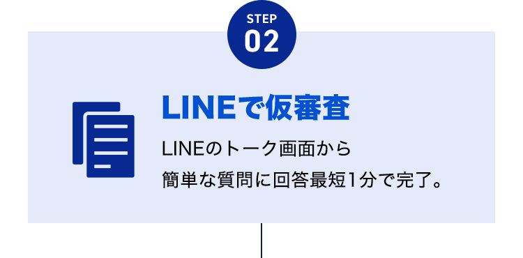 STEP02 LINEで仮審査／LINEのトーク画面から簡単な質問に回答、最短1分で完了。