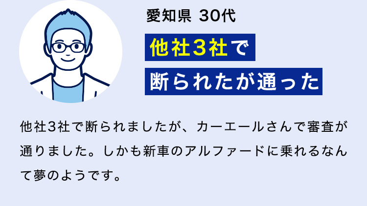 愛知県 30代「他社3社で断られたが通った」他社3社で断られましたが、カーエールさんで審査が通りました。しかも新車のアルファードに乗れるなんて夢のようです。